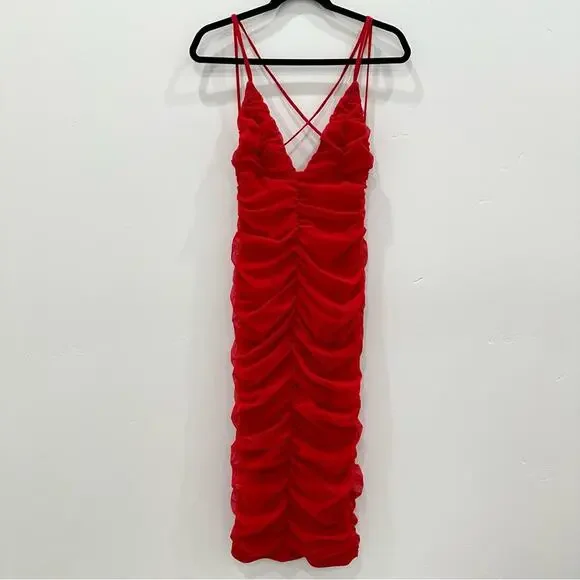 Michael Costello Red Ruched Bodycon Midi Dress with Crisscross Back - Picture 2 of 11
